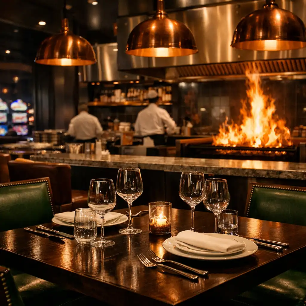 Elegáns étterem belső tér kaszinó lounge-ban, réz lámpákkal és nyitott grill konyhával
