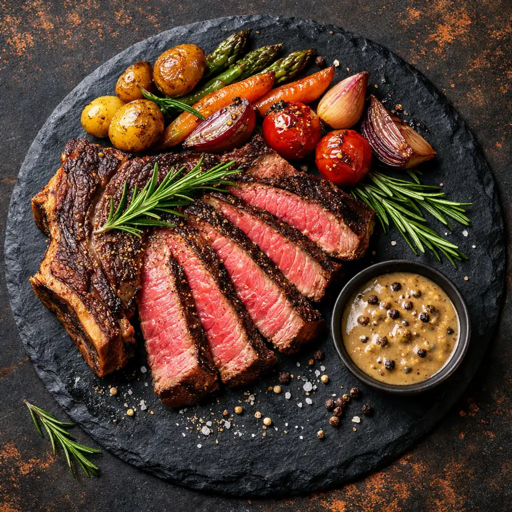 Szárazon érlelt ribeye steak szeletelve, sült zöldségekkel és borsmártással