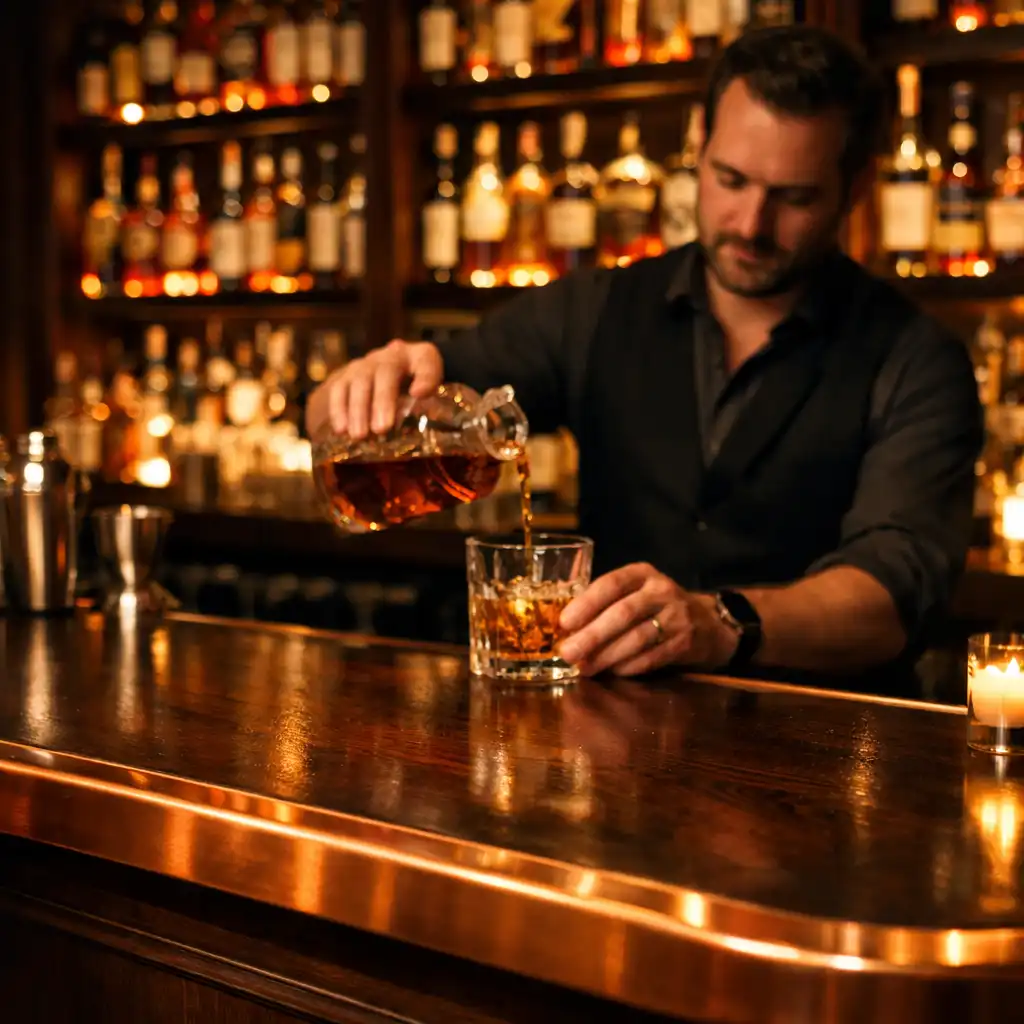 Bárpult háttérvilágítású whisky polcokkal és italöntő pultossal