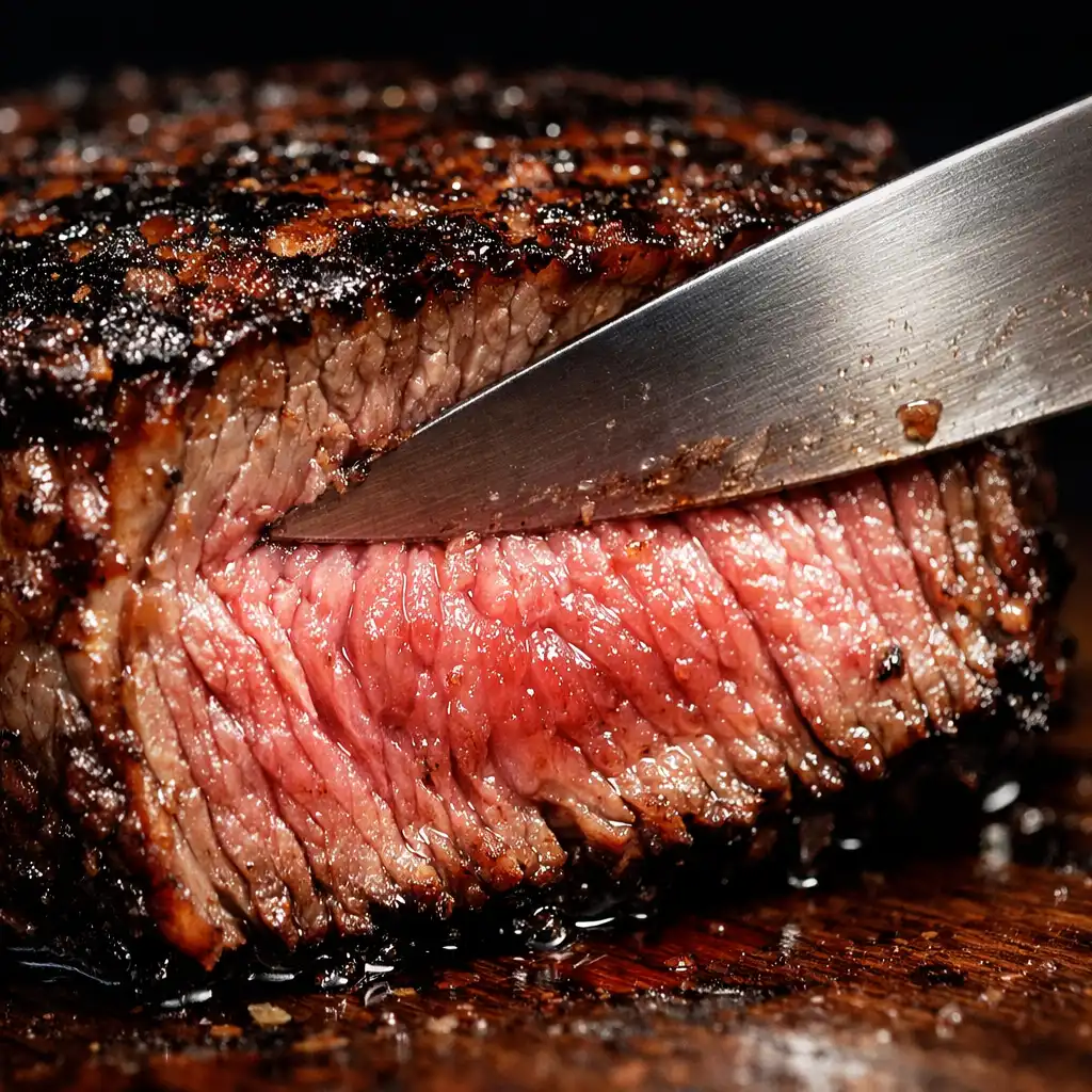 Tökéletesen átsült steak szeletelés közben, szaftos rózsaszín belsővel