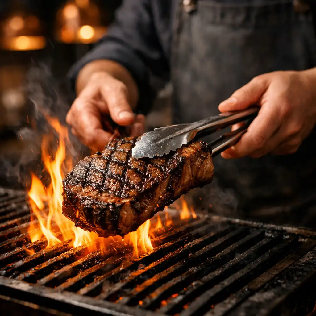 Séf keze ribeye steaket fordít a lángoló grillen az Etelsarokban