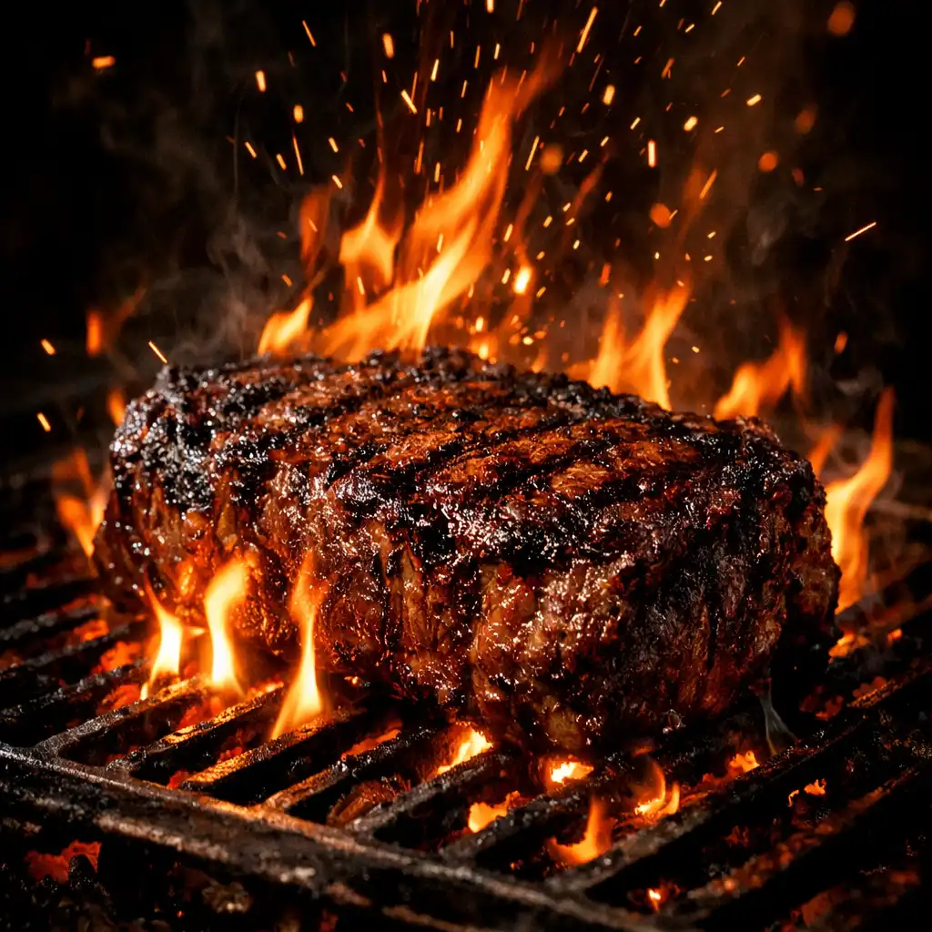 Vastag steak grillezése nyílt lángon az Etelsarok konyhájában