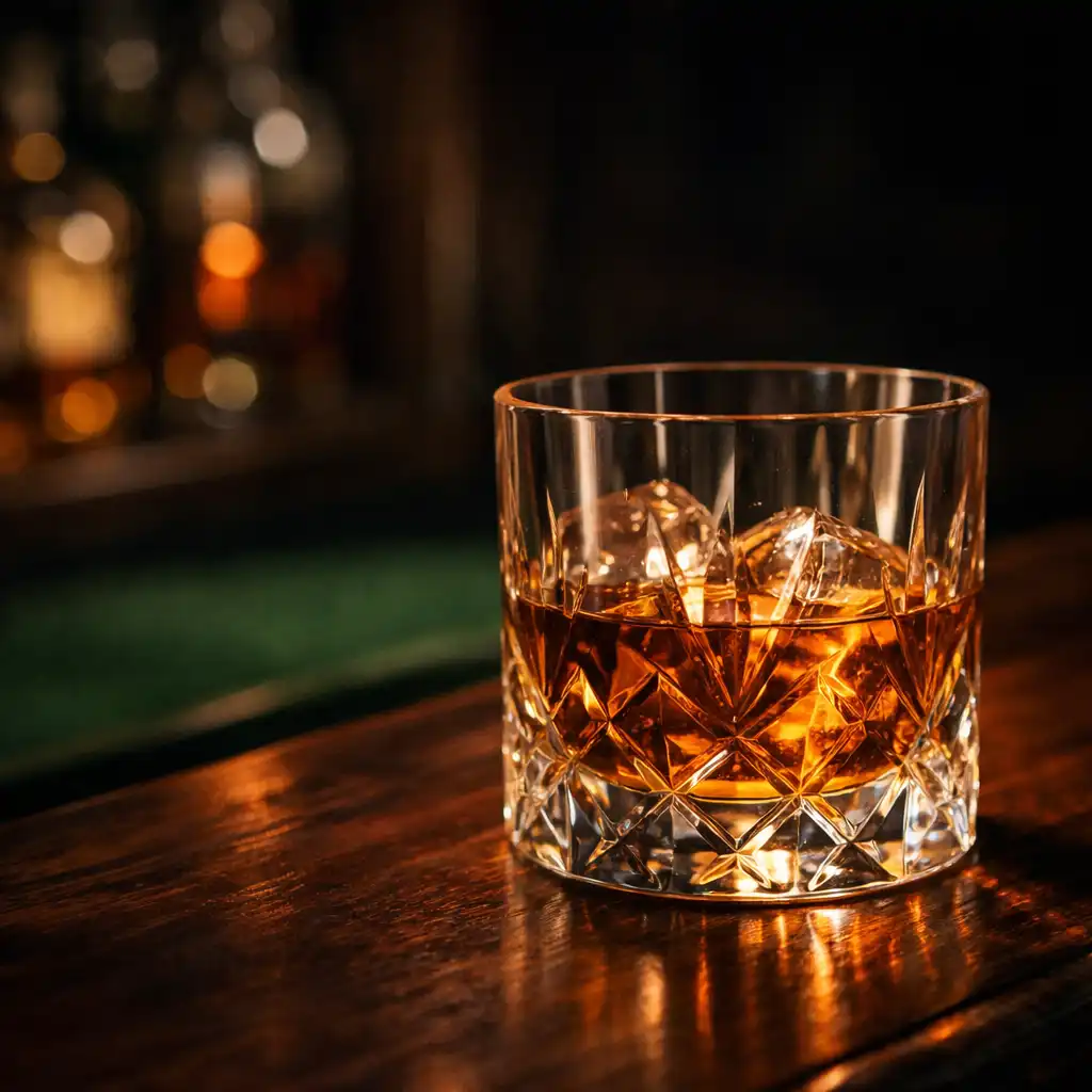 Kristály whisky pohár borostyánszínű whiskyvel sötét bárpulton
