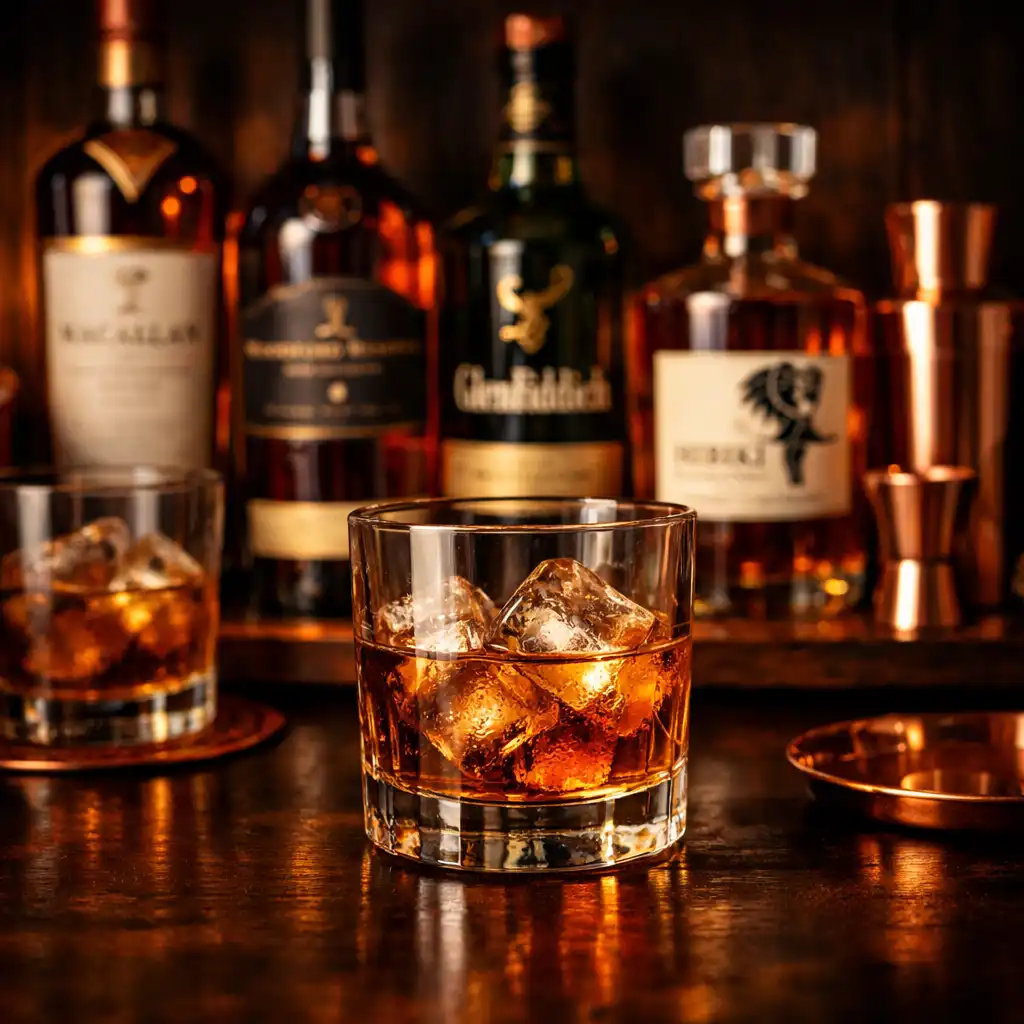 Prémium whisky üvegek és töltött poharak meleg borostyán fényben