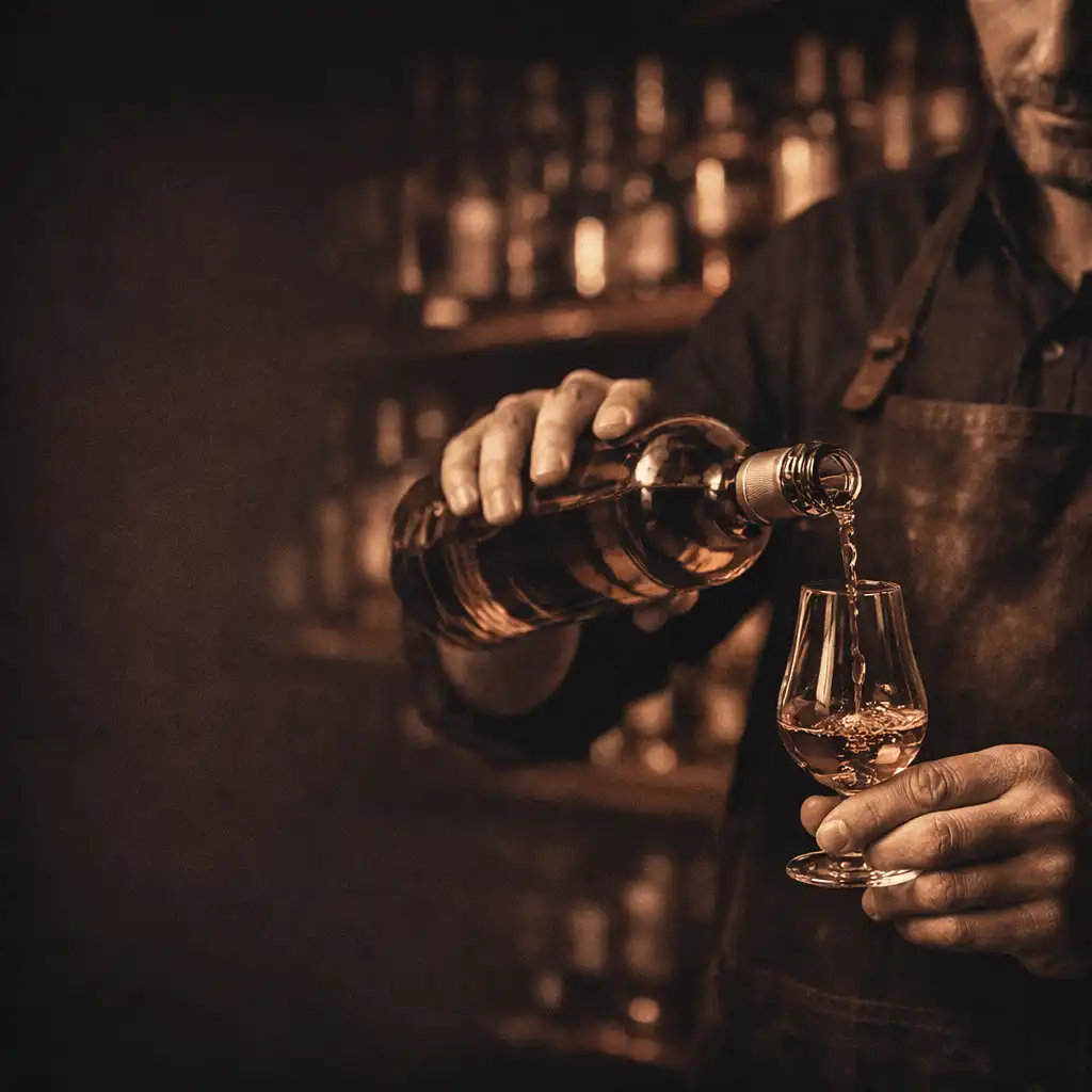 Szakértő whisky házigazda éppen tölt egy pohár whiskyt